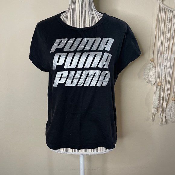 Puma Tops - PUMA Womens PUMA Spelled Out Metallic Logo Black Tee Size M